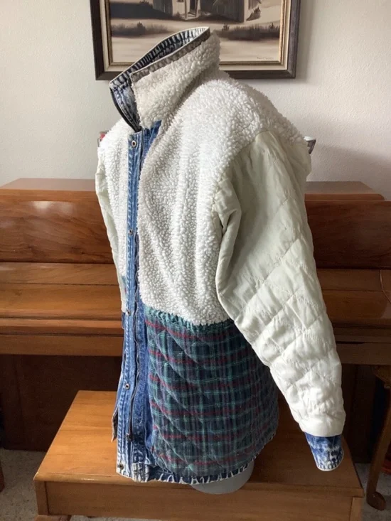 Vintage Andy Johns Woman’s ACID WASH Denim JACKET Size Medium Sherpa CHORE COAT - Picture 8 of 13